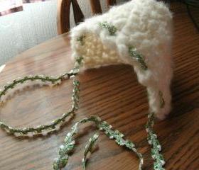 White Brushed Yarn Infant Bonnet with green/white ribbon or American Girl-type doll bonnet (size newborn)