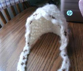 White Brushed Yarn Infant Bonnet with pink/brown ribbon or American Girl-type doll bonnet (size newborn)